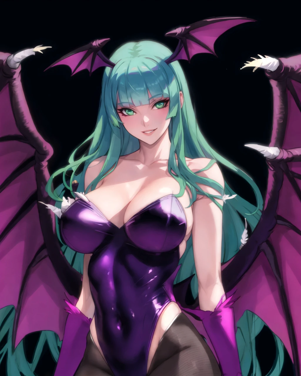 1girl, aqua hair, bangs, bare shoulders, bat wings, black background, black leotard, blunt bangs, bridal gauntlets, cleavage, clothing cutout, collarbone, covered navel, demon girl, feather trim, floating hair, green eyes, green hair, head wings, heart cutout, large breasts, leotard, long hair, looking at viewer, morrigan aensland, pantyhose, parted lips, purple pantyhose, smile, solo, upper body, wings,(masterpiece:1.4),(best quality:1.4),(shiny skin)