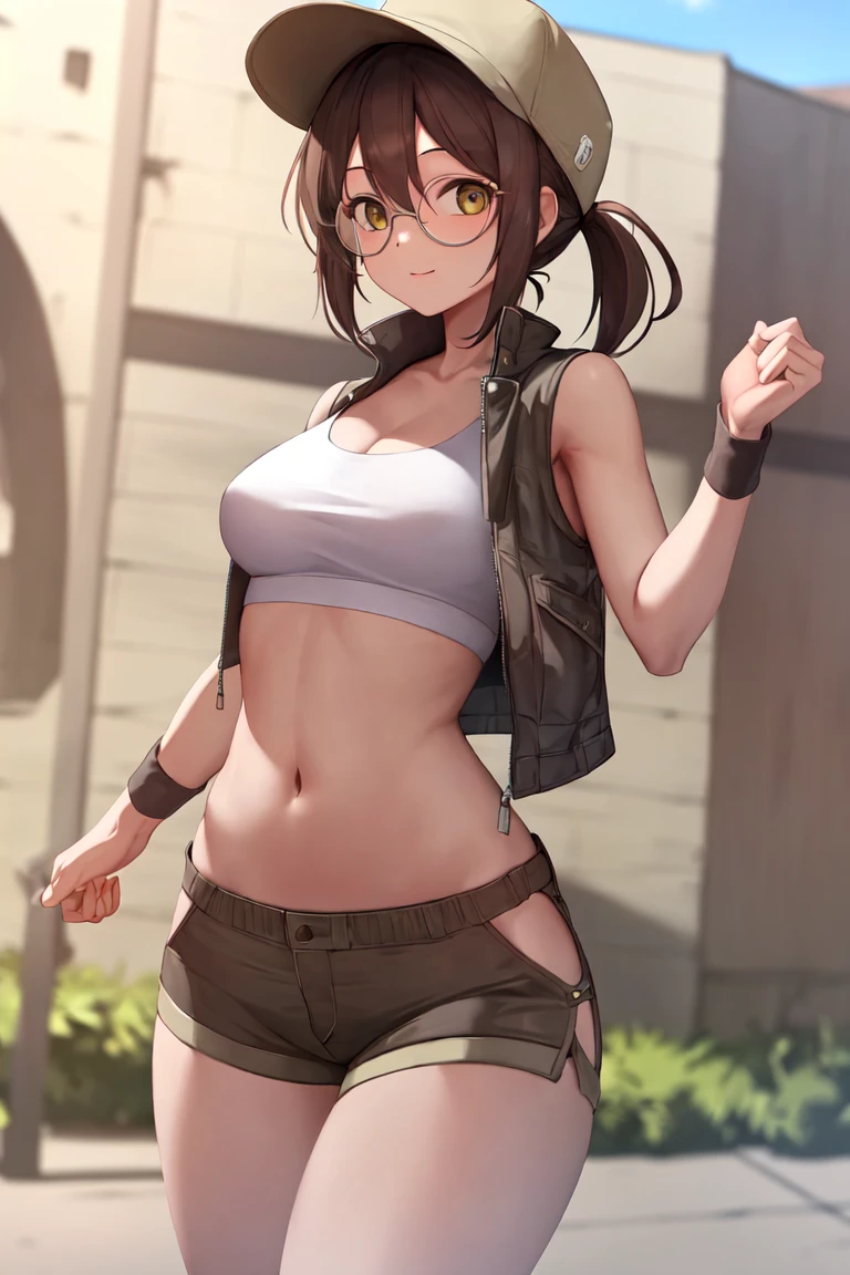 masterpiece, best_quality, 1girl, solo, fio germi, round eyewear, hat, shorts, crop top, cropped jacket,