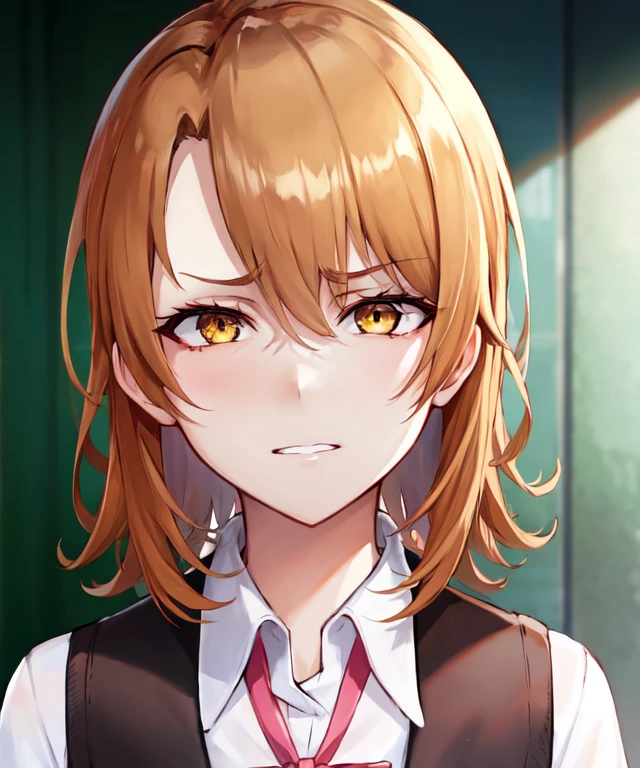 <lora:Iroha_IshikkiV1:1>, Iroha_Ishikki, brown_hair, light_brown_eyes, best quality, highres, ultra-detailed, 1girl, school_uniform, <lora:Intense_GlarerV2:1>, intenseglare, shaded_face, shadow_over_eyes, disgust, glare, sadist, empty_eyes, eye_glint