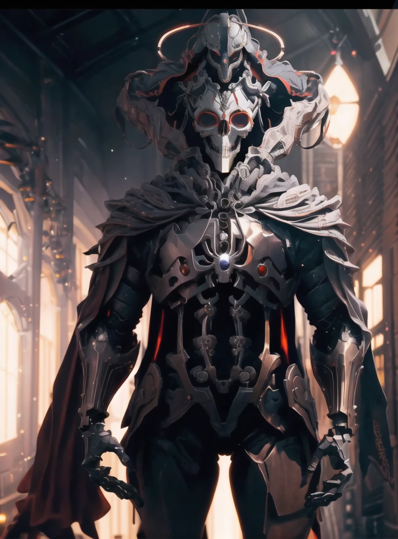 8k wallpaper, masterpiece,Cinematic Lighting, best quality,Illustration,dramatic angle,spider lily, black,mechanical halo, scarf,cape,((hood:1.5)), wind,solo
,mecha \\mjstyle\\\), ((mecha:1.7)),armor,(cowboy shot:1.2),robot, no humans, mecha, solo, science fiction,white background,no humans, day,((red)),flower,white,((mechanical + skull)), glowing eyes, long hair,church,dark,night,candle,knight,fire,((night)),((evening)),sword, <lora:mecha-P:0.6> <lora:mecha(mjstyle)-000008:0.4>,((indoors:1.5)), looking back,