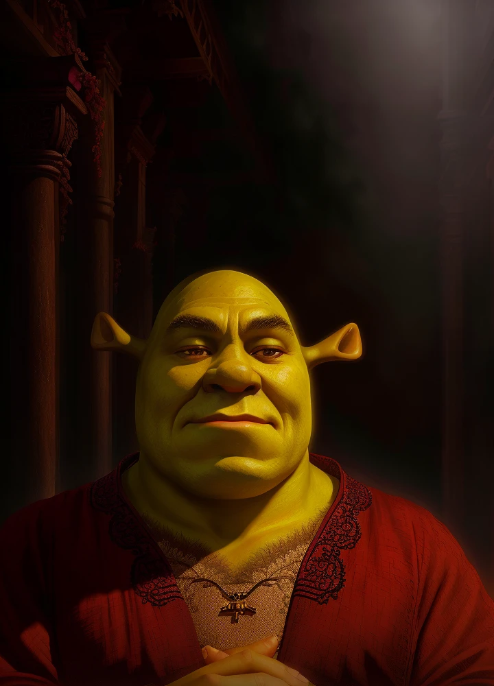 a closeup portrait of shrk in robe prays in lotus pose, by Fang Congyi, fantasy art, (dark atmosphere:1.5), cinematic, intricate,
<lora:Shrek_remasteredV1:0.7>