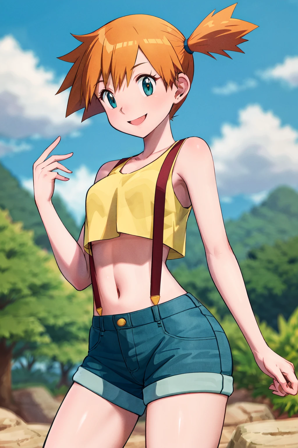 masterpiece, best quality, highres, 1girl, misty (pokemon), orange hair, solo, shorts, suspenders, side ponytail, orange hair, midriff, yellow crop top, navel, short hair, denim, denim shorts, <lora:misty_(pokemon)_v2:0.7>, smile, cowboy shot, standing, outdoors,