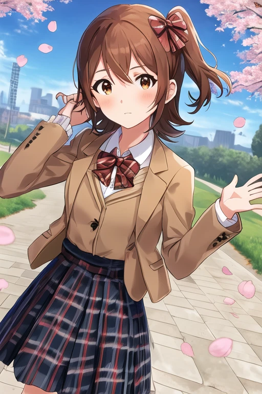 MIRAI KASUGA,
Rarity SSR,
1girl, bag, black skirt, blue sky, blush, bow, brown eyes, brown hair, brown jacket, cherry blossoms, crepe, dutch angle, food, hand up,  jacket, looking at viewer, one side up, outdoors, plaid, plaid skirt, red bow, school bag, school uniform, short hair, skirt, sky, solo, standing, tree, hair ornament, one side up
<lora:mirishita-v1.0:1>