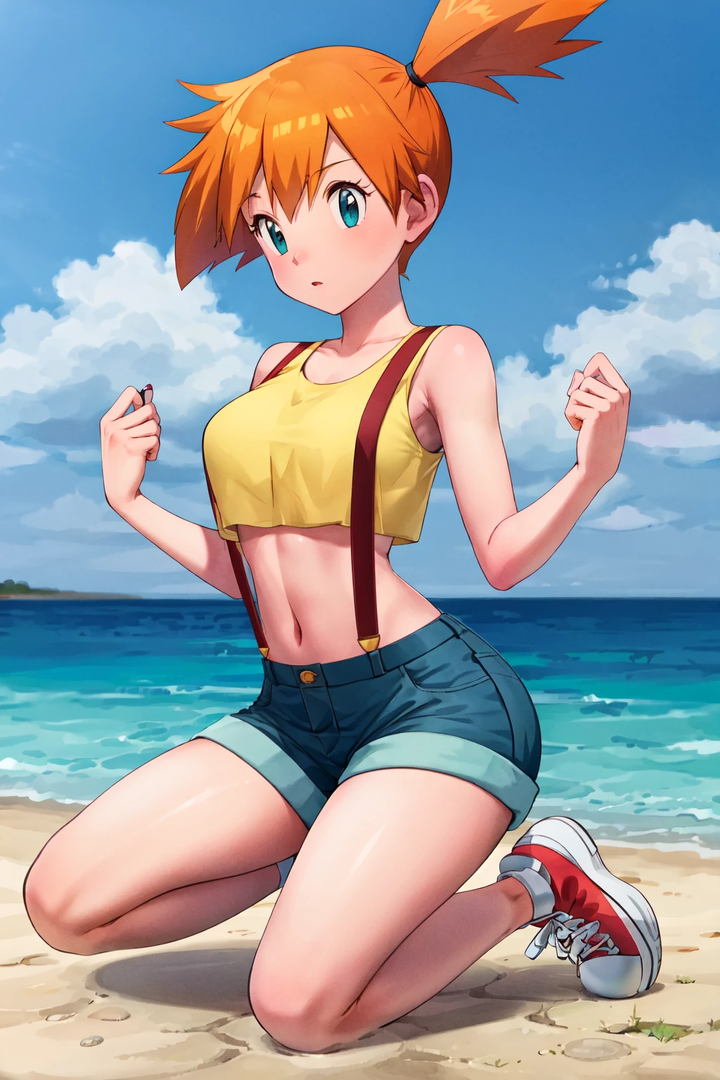 masterpiece, best quality, highres, 1girl, misty (pokemon), orange hair, solo, shorts, suspenders, side ponytail, orange hair, midriff, shoes, sneakers, yellow crop top, navel, short hair, denim, denim shorts, large breasts, <lora:misty_(pokemon)_v2:0.7>