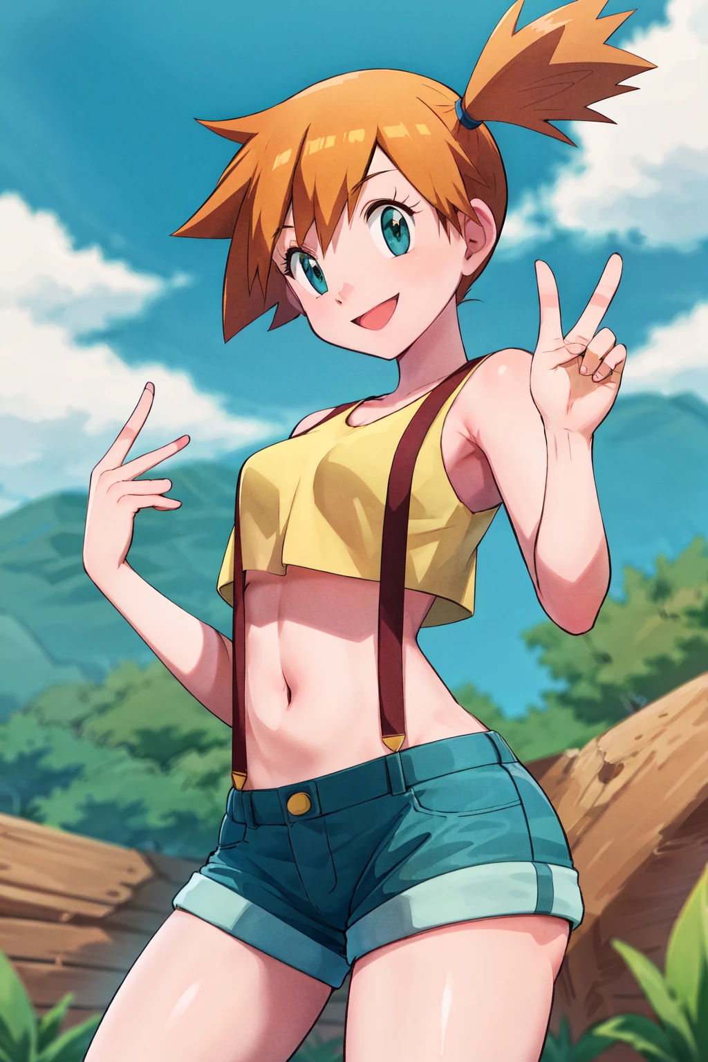 masterpiece, best quality, highres, 1girl, misty (pokemon), orange hair, solo, shorts, suspenders, side ponytail, orange hair, midriff, yellow crop top, navel, short hair, denim, denim shorts, <lora:misty_(pokemon)_v2:0.7>, smile, cowboy shot, standing, peace_sign, outdoors,