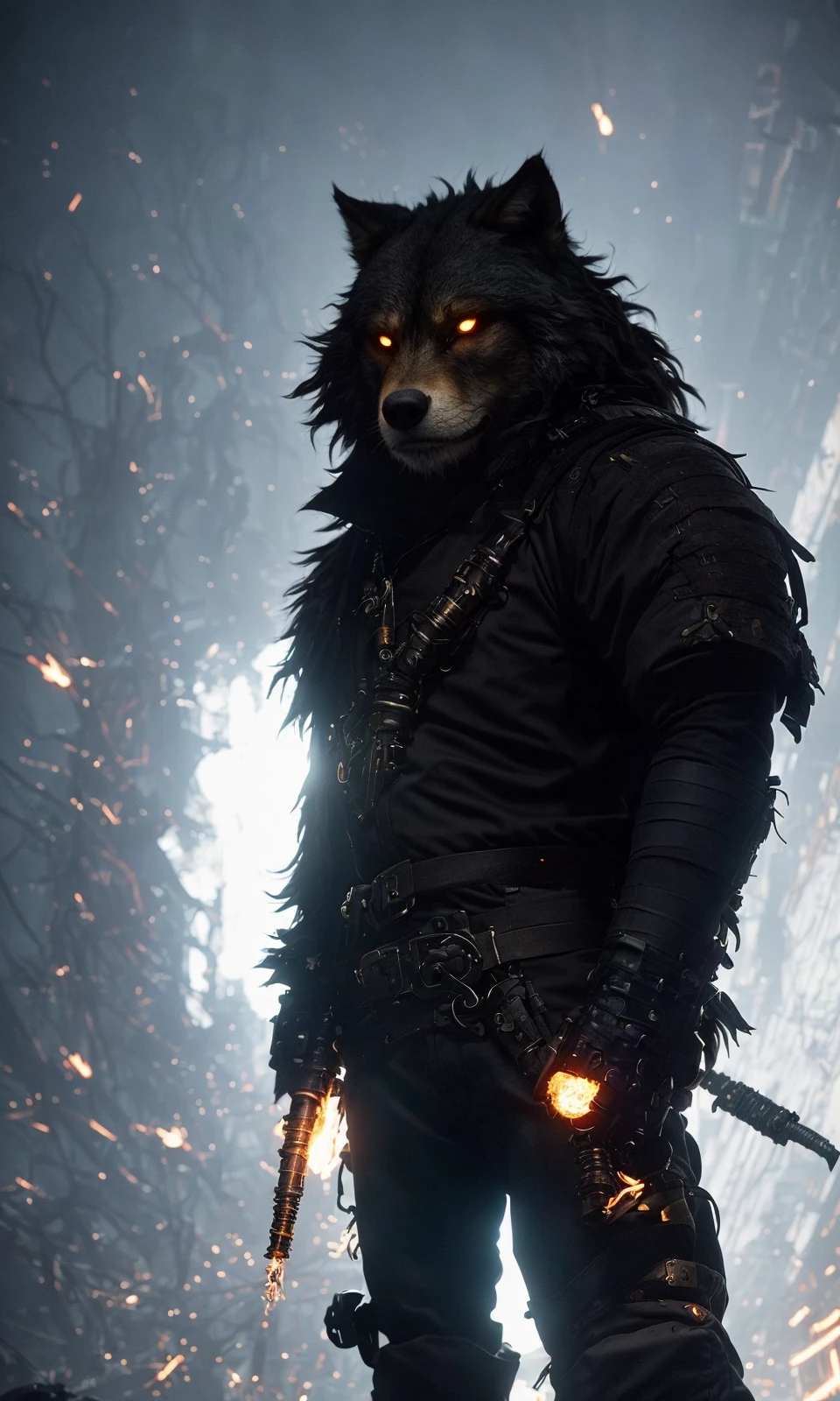abstract colors, texture, film grain, skin pores, fur, dusty atmospheric haze:0.1 samdoesart+, intricate hasselblad dslr RAW full-body dramatic portrait photo of (the big bad wolf as a badass grizzled cyborg ninja assassin)1.2, hulking anthropomorphic wolf, werewolf batou wielding flaming axe, gritty epic industrial steampunk, leather belts straps, steel wool fire (sparks)1.3, analog style eye contact nofilter selfie, (backlit)1.3 (neon lights).7, (film grain)1.3, dark foggy woods
