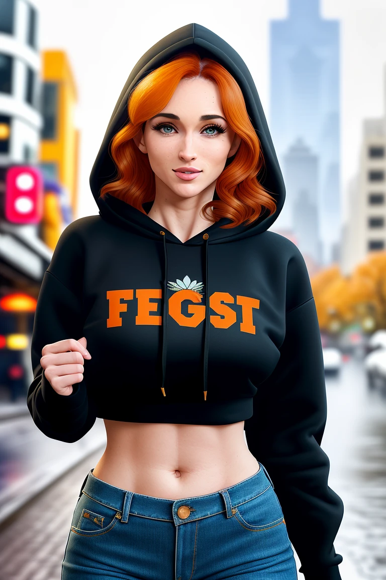 photo of (am0uranth), 1girl, Masterpiece, highest quality, 4k, sharp focus, intricate full body photo, walking in a rainy american city wearing a crop top style hooded sweatshirt with the hood pulled up, blonde hair visible in hood, tight jeans, beautiful eyes, detailed facial features, large boobs, luminescent hair, midriff, thighs