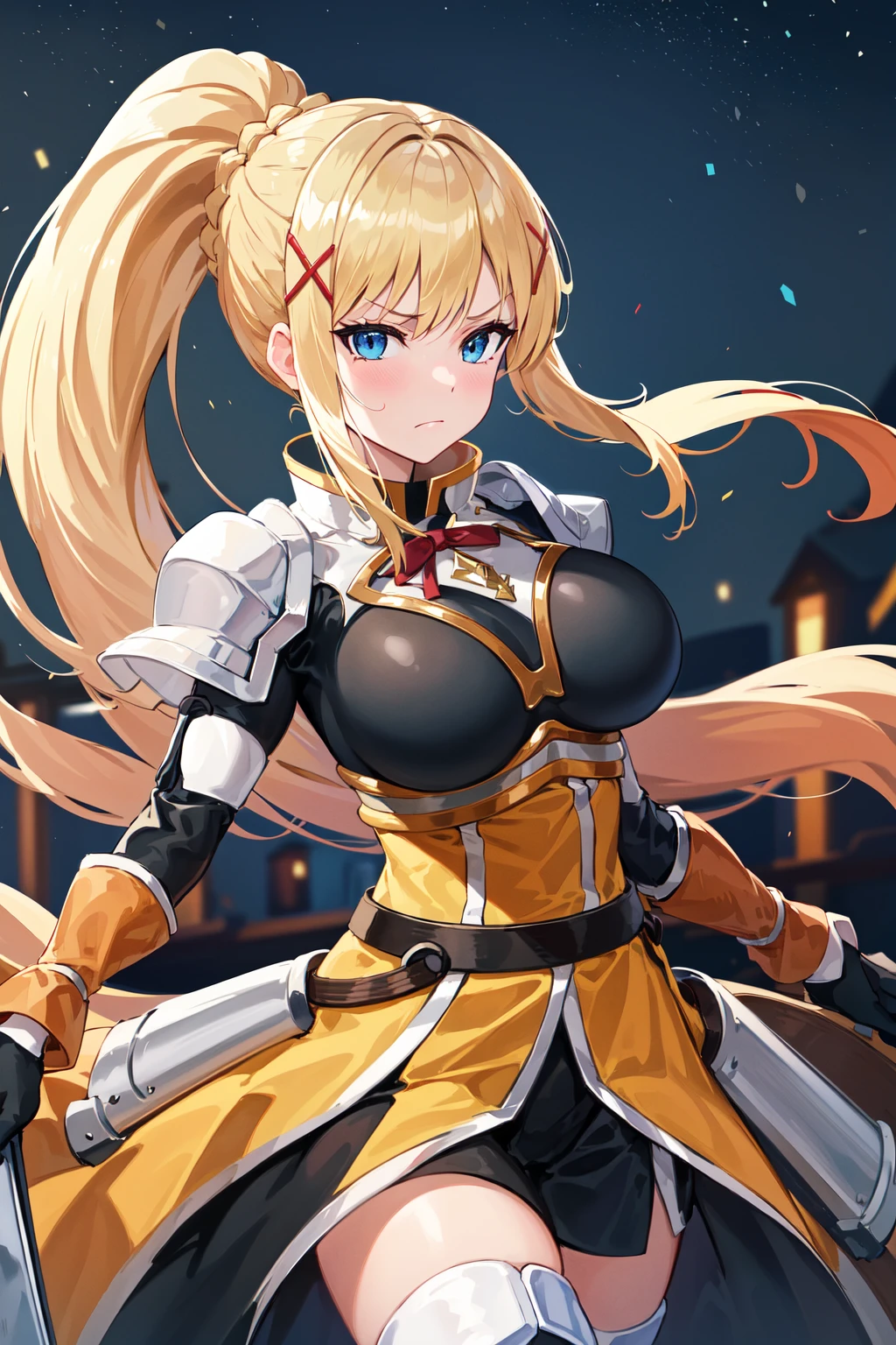 best quality, highres, 1girl, long hair, blonde hair, x hair ornament, armor, blue eyes, ponytail, hair ornament, gloves, shoulder armor, braid, black gloves, pauldrons, white boots, darkness \(konosuba\), large breasts, <lora:darkness (konosuba)_v1:0.6>, cowboy shot, frown,