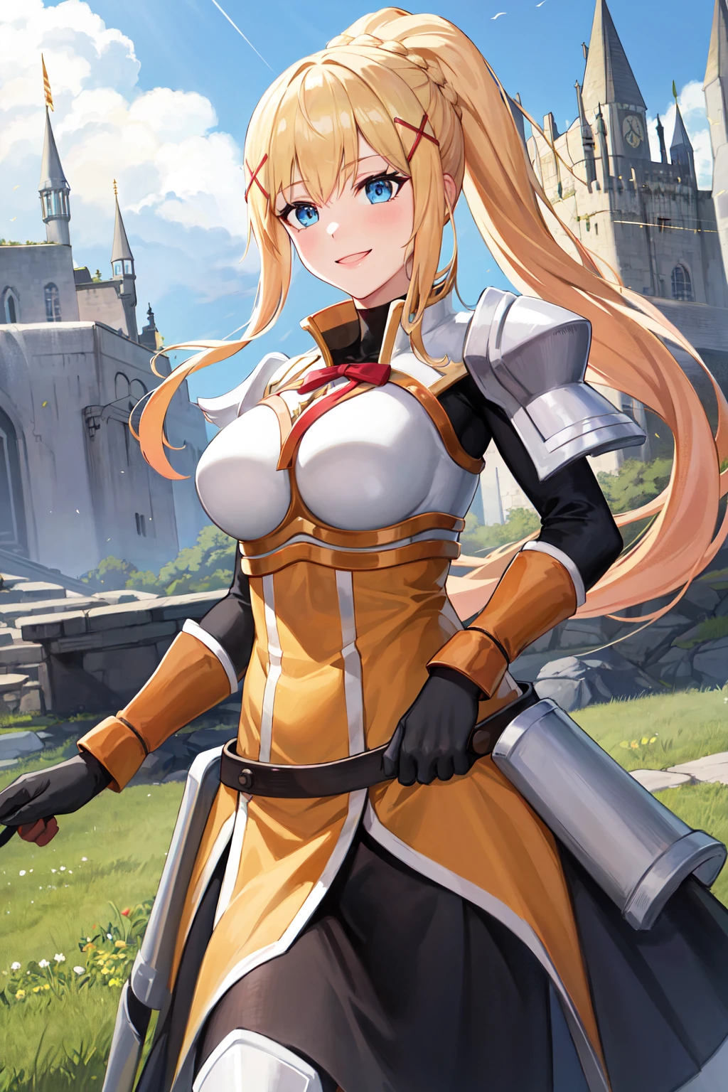 best quality, highres, 1girl, long hair, blonde hair, x hair ornament, armor, blue eyes, ponytail, hair ornament, gloves, shoulder armor, braid, black gloves, pauldrons, white boots, darkness \(konosuba\), large breasts, <lora:darkness (konosuba)_v1:0.6>, cowboy shot, castle, outdoors, smile,