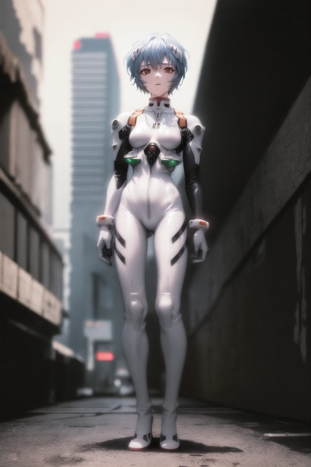 masterpiece, best quality, 1girl, ayanamirei, plugsuit, interface_headset, looking at viewer, expresionless, cyberpunk city, full body, standing <lora:AyanamiReiV6-000010:0.8>