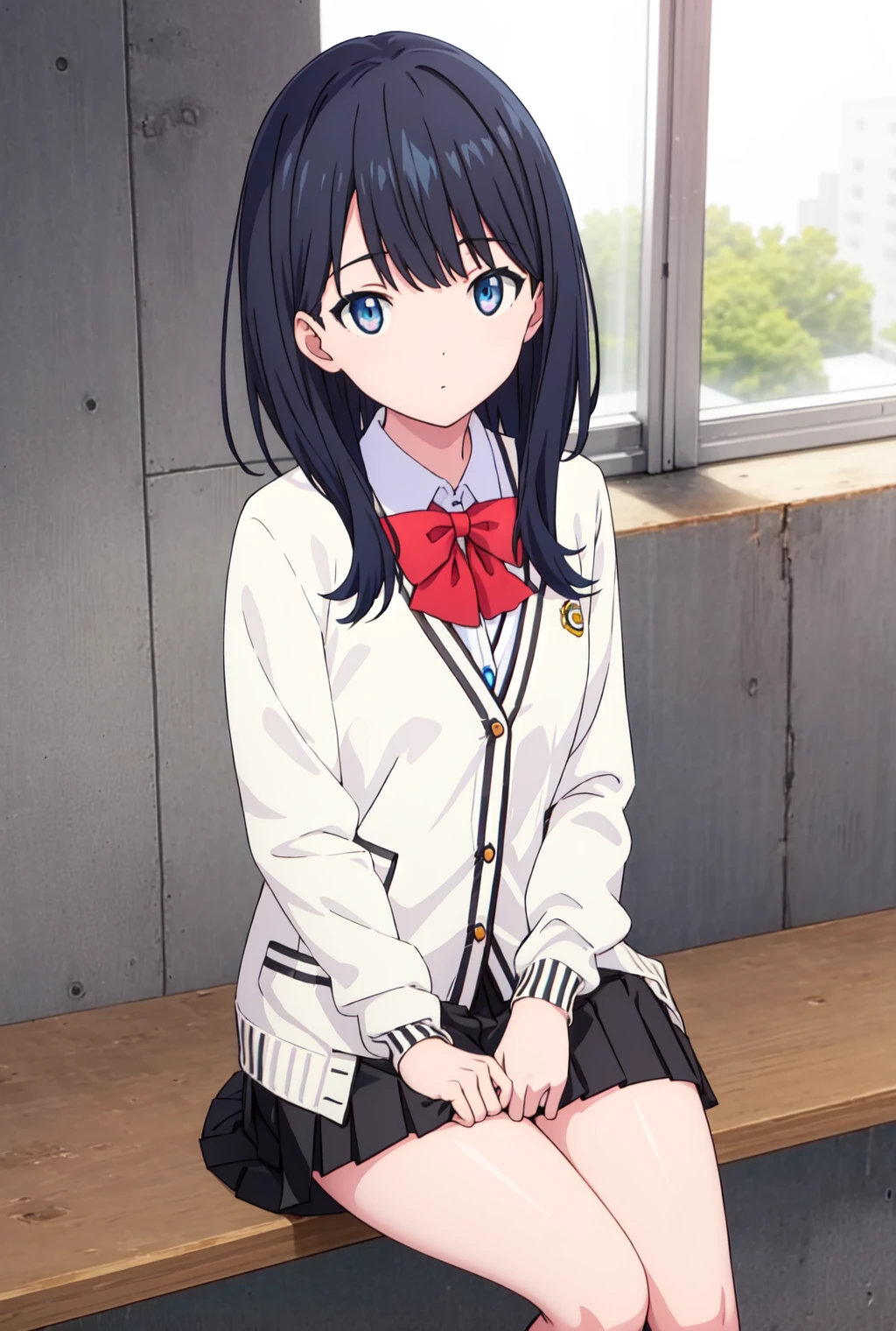 takarada rikka,school uniform,cardigan, white shirt, black skirt,red bow,sitting,