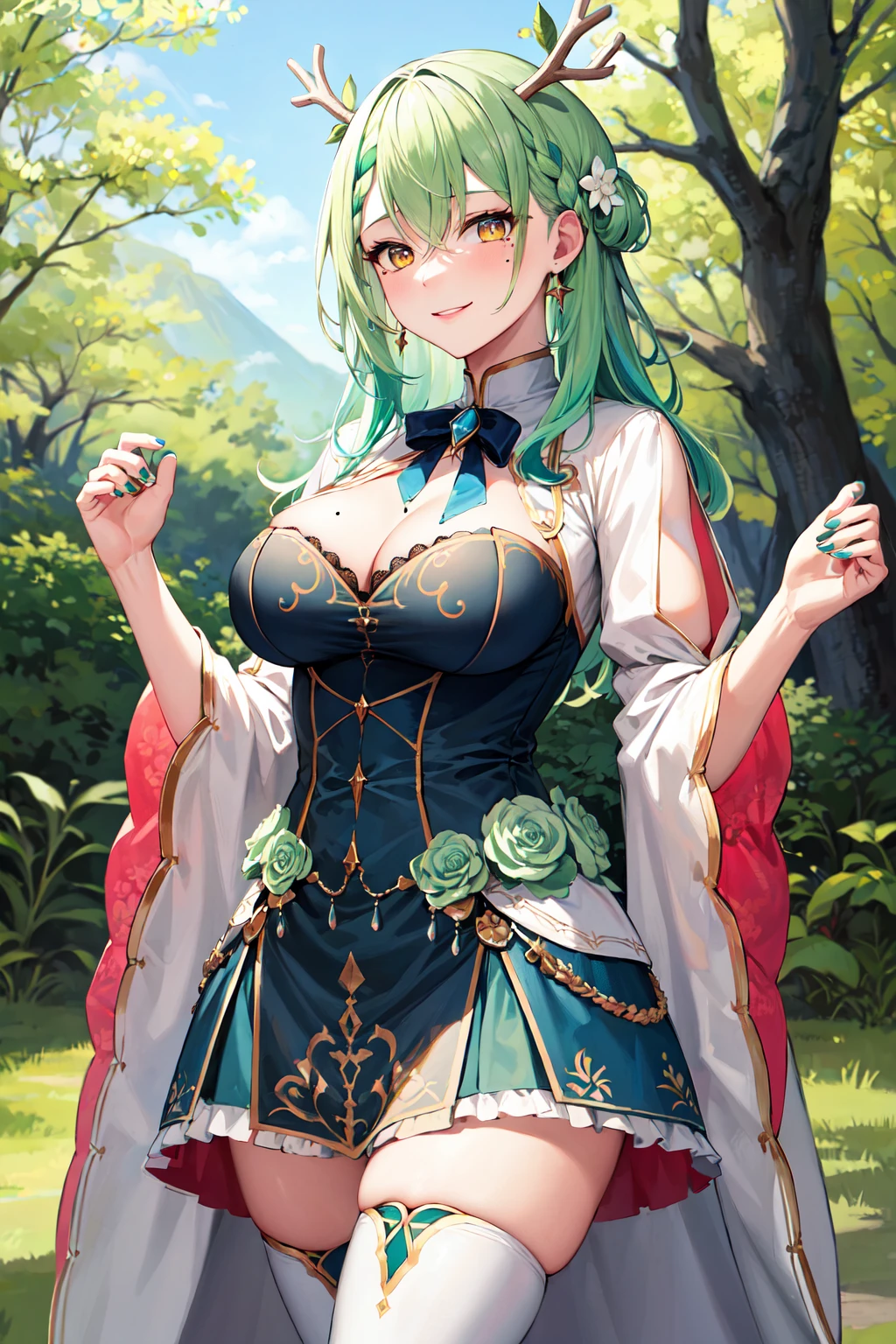 masterpiece, best quality, 1girl, breasts, green hair, braid, braided bangs, cleavage, thighhighs, single braid, single thighhigh, antlers, dress, yellow eyes, jewelry, anklet, nail polish, mole, toenail polish, green nails,hair flower, mole under eye, multicolored hair, long hair, toenails, hair ornament, large breasts, green flower, streaked hair, earrings, white thighhighs, bow, bangs, wide sleeves, leaf, blue dress, horns, ceres fauna, <lora:ceres_fauna_v1:0.6>, smile, cowboy shot,