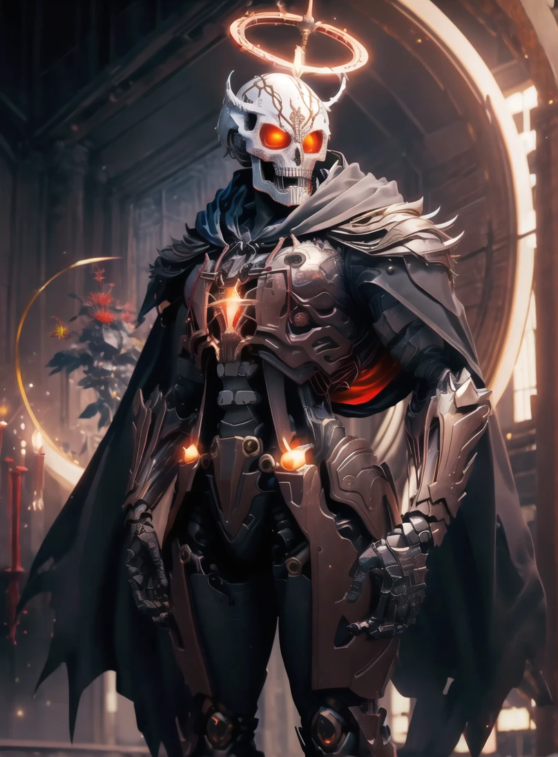 8k wallpaper, masterpiece,Cinematic Lighting, best quality,Illustration,dramatic angle,spider lily, black,mechanical halo, scarf,cape,((hood:1.5)), wind,solo
,mecha \(mjstyle\), ((mecha:1.7)),armor,(cowboy shot:1.2),robot, no humans, mecha, solo, science fiction,white background,no humans, day,((red)),flower,white,((mechanical + skull)), glowing eyes, long hair,church,dark,night,candle,knight,fire,((night)),((evening)),sword, ((indoors:1.5)), looking back,