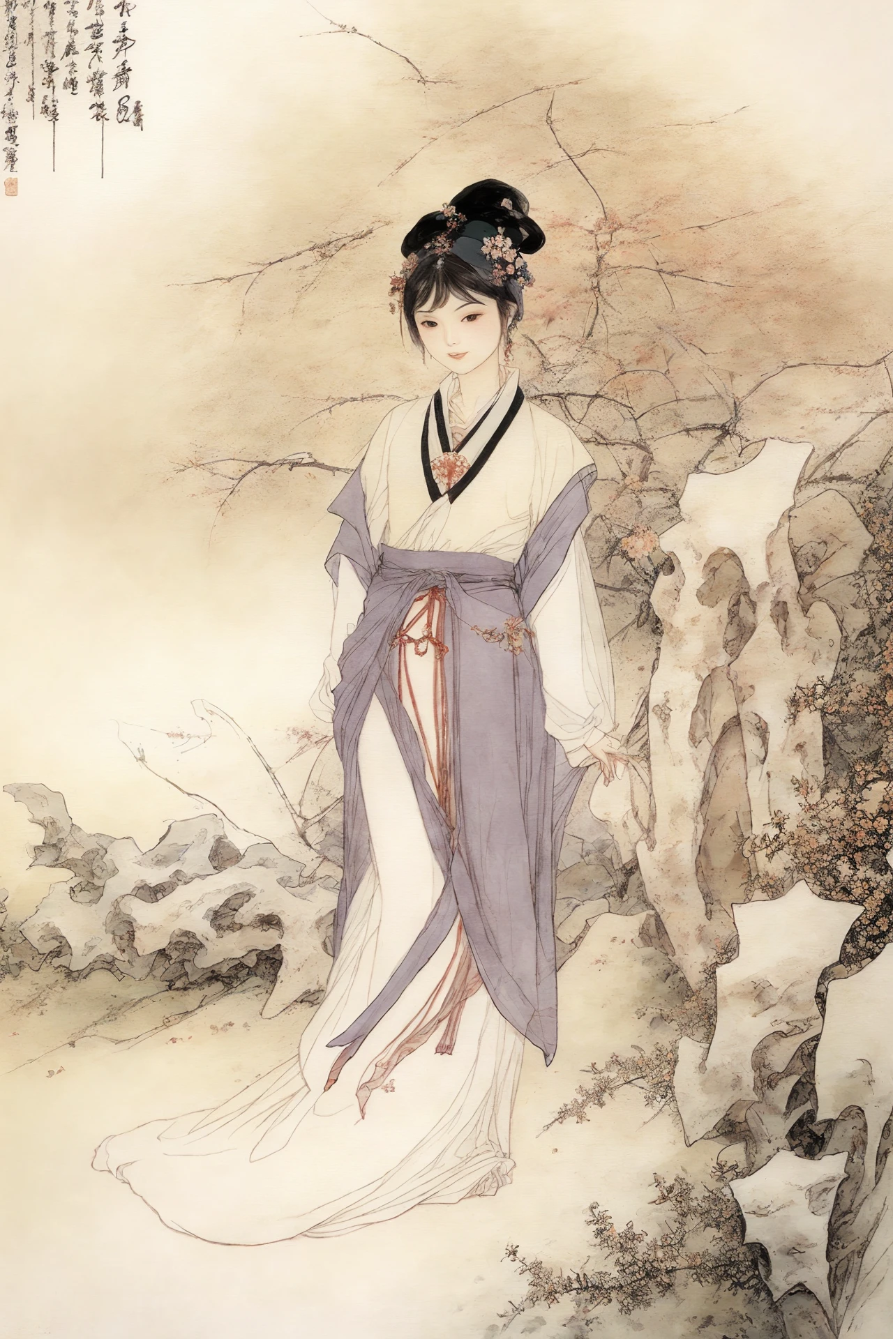 masterpiece, best quality,(full body:1.3), solo,chinese painting of a chinese girl beautiful face and eyes details,tang,
perfect skin,make happy expressions,gorgeous,pure,light make up,jade jewelry,hair ornament,hair band,looking at viewer,
colorful,clear sharp focus,instagram most viewed, concept artist, depth of field,flower,bush