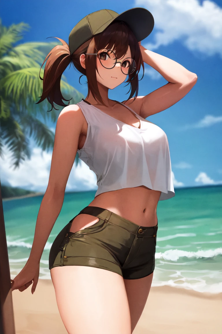 masterpiece, best_quality, 1girl, solo, fio germi, round eyewear, hat, shorts