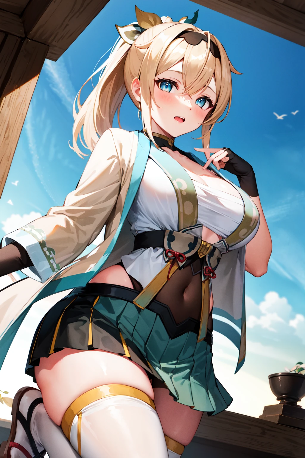 masterpiece, best quality, highres, 1girl, kazama iroha, blonde hair, fingerless gloves, gloves, sarashi, thighhighs, japanese clothes, white thighhighs, skirt, haori, black gloves, hairband, bangs, sandals, sheathed, pleated skirt, ponytail, chest sarashi, breasts, sheath, blue eyes, hair between eyes, black hairband, hair ornament, leaf hair ornament, long sleeves, covered navel, miniskirt, large breasts, <lora:kazama_iroha_v1:0.6>