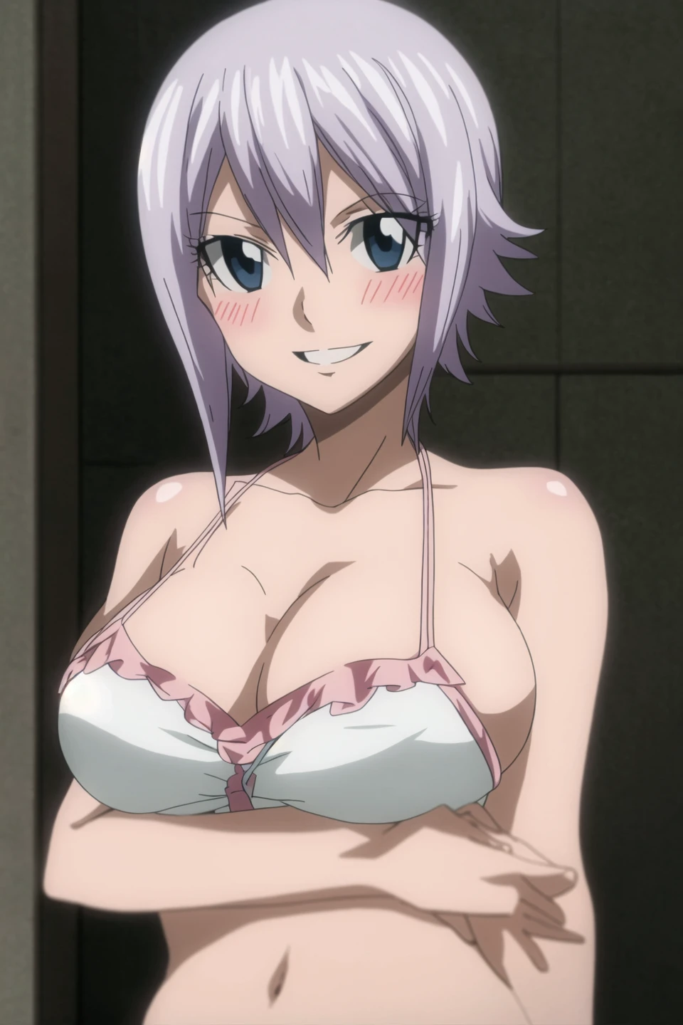 lisanna, fairy tail, anime art style, 1girl, solo, breasts, blush, smile, short_hair, open_mouth, blue_eyes, cleavage, bare_shoulders, collarbone, grey_hair, anime_coloring