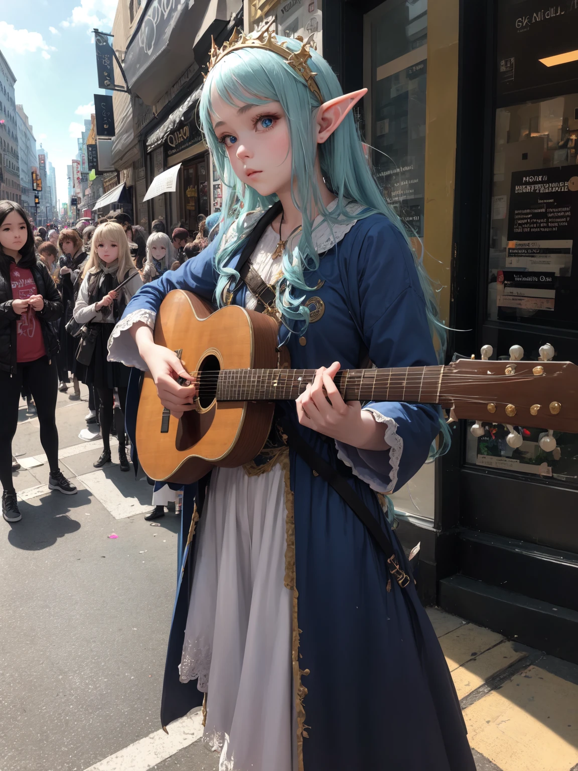 masterpiece, best quality, 1girl, the cloud elf queen busks on the streets of new york, small crowd gathering around the performance, casual
