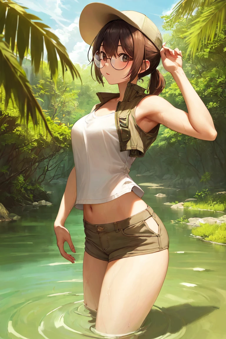 masterpiece, best_quality, 1girl, solo, fio germi, round eyewear, hat, baseball cap, shorts, jungle, river, wading