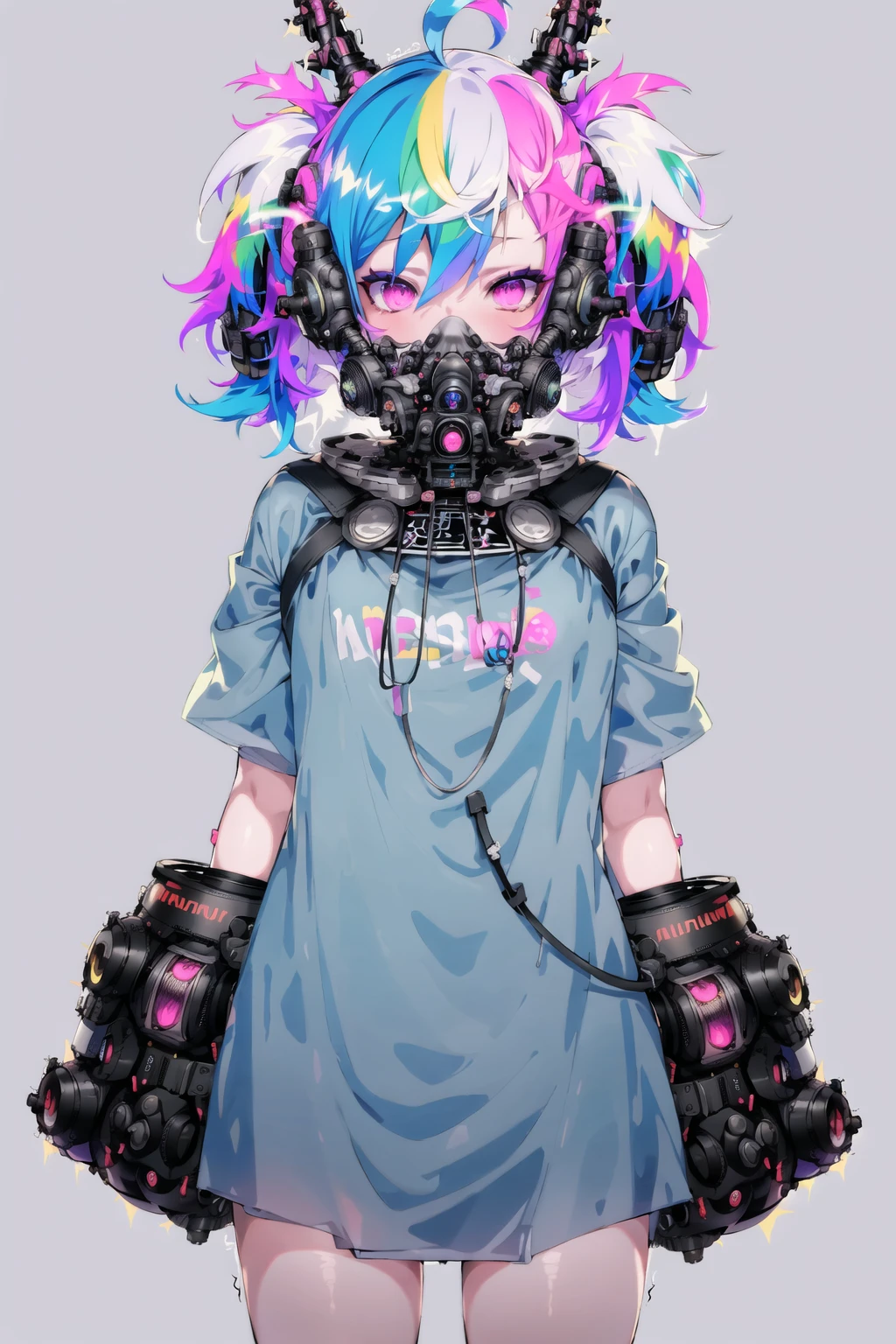 1girl, bangs, blue hair, gas mask, grey background, looking at viewer, mask, multicolored hair, pink hair, shirt, short sleeves, solo, two-tone hair <lora:mazav1C:0.8>