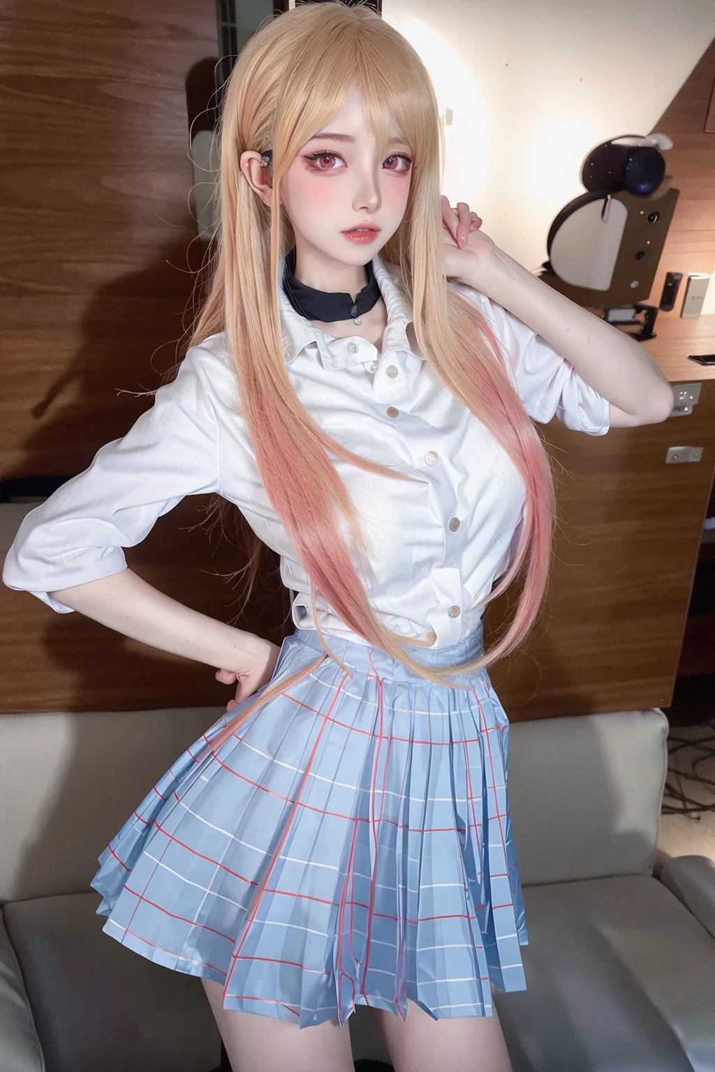 (masterpiece, Highest quality:1.8), One girl, alone,_Split, 
Yuki mandarin orange, Long Hair, without black sleeveless short vest，Pink Skirt，black, Spread your legs, White underwear, super high quality
