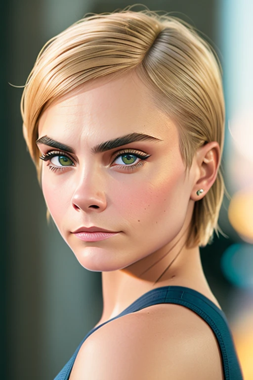 (caradelevingne_ti-1850:1)in her 30s, beautiful detailed eye, hyper realistic photograph, detailed face, film grain, Kodak portra 800, f1.8,golden hour,side cut hair