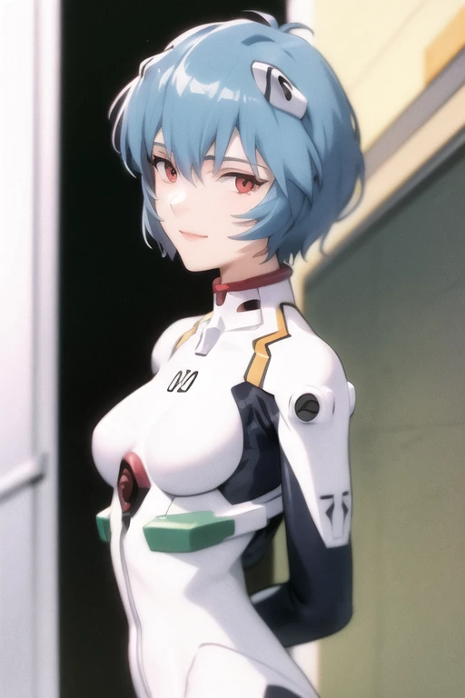 masterpiece, best quality, 1girl, ayanamirei, plugsuit, interface headset, looking at viewer, light smile, city park, upper body, arms_behind_back <lora:AyanamiReiV6-000010:0.7>