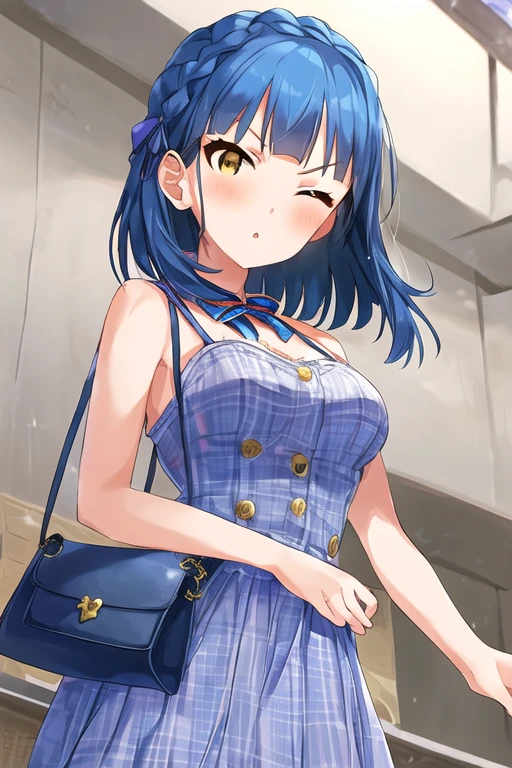 YURIKO NANAO,
Rarity SSR,
1girl, bag, bare arms, between breasts, blue hair, bangs, blush, braid, breasts, from below, looking at viewer, one eye closed, ribbon, short hair, shoulder bag, solo, strap between breasts, yellow eyes
<lora:mirishita-v1.0:1>