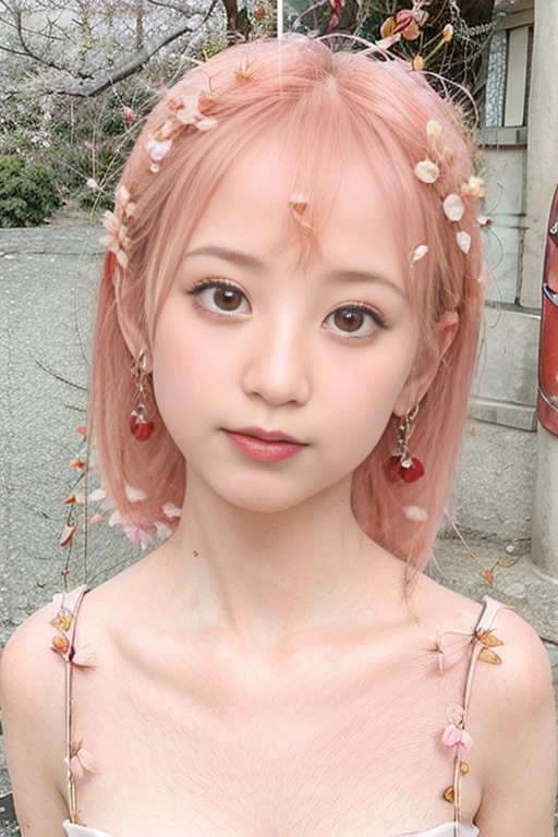 "1girl,close up, self-portrait,masterpiece, realyami, pink hair, white shirt,(short hair:0.550), best quality, hair ornament, earrings,torii, (((cherry blossoms:1.5))), (detailed face:1.4), (detailed skin:1.2),(looking at viewer:1.25), shiny skin, east asian architecture, <lora:realyami_v1.2-000020:0.850>