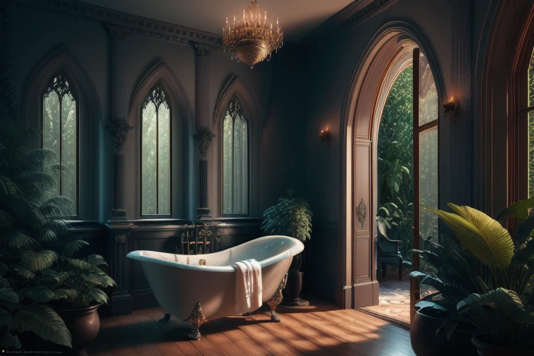 (Professional 3D rendering:1.3) of (Ultrarealistic:1.3) magicalinterior style, bathroom, bathing room, plant, scenery, window, tree, nature, bathtub, forest, mirror, bath, faucet, water, house interior, indoors, cottage interior, treehouse interior, dark, gothic, Goth, luxury, fantasy, magic, Harry Potter, Slytherin, perfect composition, award-winning,CGSociety,ArtStation