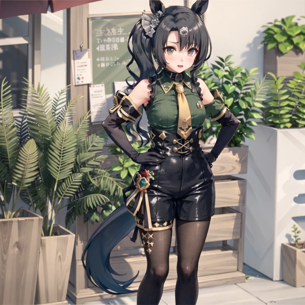 SFW, indoors, satono_crown, solo, (1girl:1.1), black_side_ponytail, green eyes, bare_shoulders, sleeveless, long_legs, horse_ear, single_crown_hair ornament, horse_tail, (black collar), (yellow braid tie:0.5), (lace_green_shirt), (black_elbow_gloves), braid,(dress),(black_skirt), pantyhose, (black_thigh_boots), sitting, crossed legs, (full_body:0.8), <lora:satono_crown_v1.0_locon_AdamW8bits:0.7>