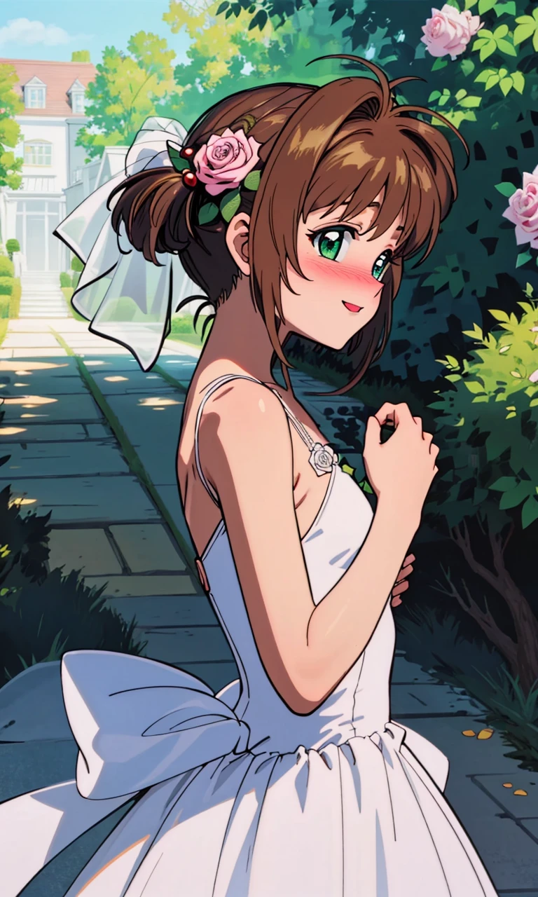 masterpiece, 1girl, highres, kinomoto_sakura, green eyes, face focus, wearing (wedding dress), blush, shy, good mood, looking at viewer, petite, side view, a bunch of roses in hand
BREAK
realistic lighting, very detailed, full of detail