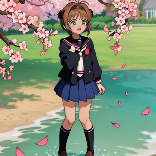 masterpiece, 1girl, highres, kinomoto_sakura, green eyes, wearing (tomoeda_elementary_school_uniform), crying, at the parc
BREAK
(full body), very detailed, full of detail, blue sky, sun, cinematic lighting, tree, sakura flower, sakura petal floating around