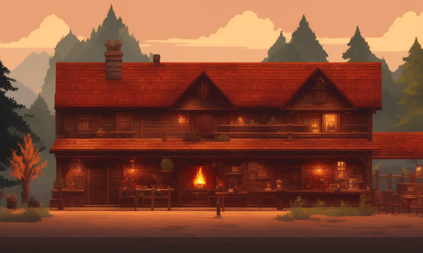 pixelart video game environment, Produce an image of a charming and cozy tavern, with a roaring fireplace, a friendly bartender, and the sound of laughter. Show the community, the warmth, and the sense of belonging that comes with gathering in a cozy pub.