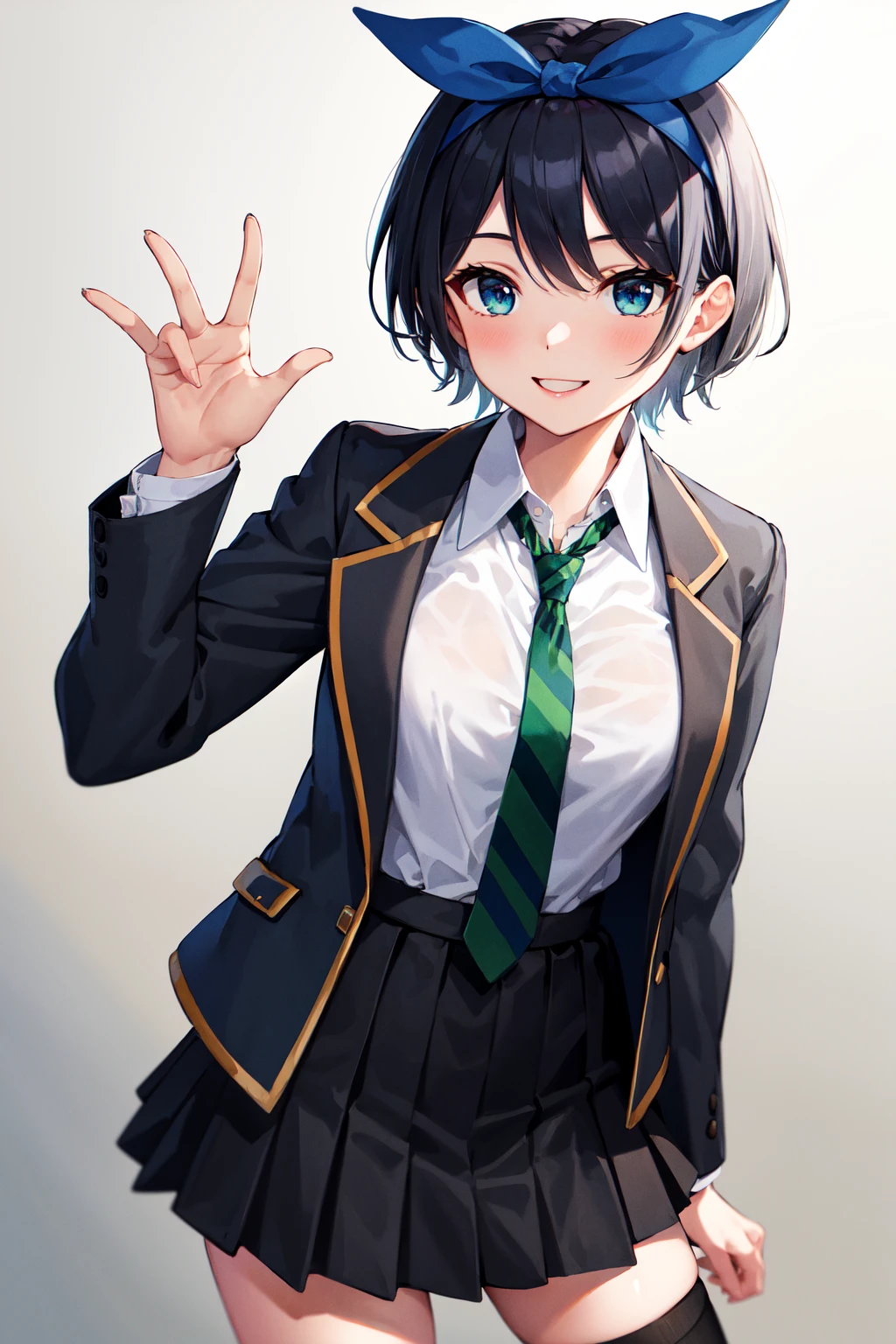 masterpiece, best quality, highres, 1girl, solo, skirt, jacket, shirt, blue eyes, white shirt, necktie, green necktie, black hair, pleated skirt, socks, diagonal-striped necktie, open jacket, open clothes, striped necktie, collared shirt, black jacket, black skirt, striped, blazer, short hair, long sleeves, bangs, school uniform, black socks, diagonal stripes, hairband, hair ribbon, ribbon, blue hairband, dress shirt, bow,  <lora:sarashina_ruka_v10:0.6>, cowboy shot, smile,