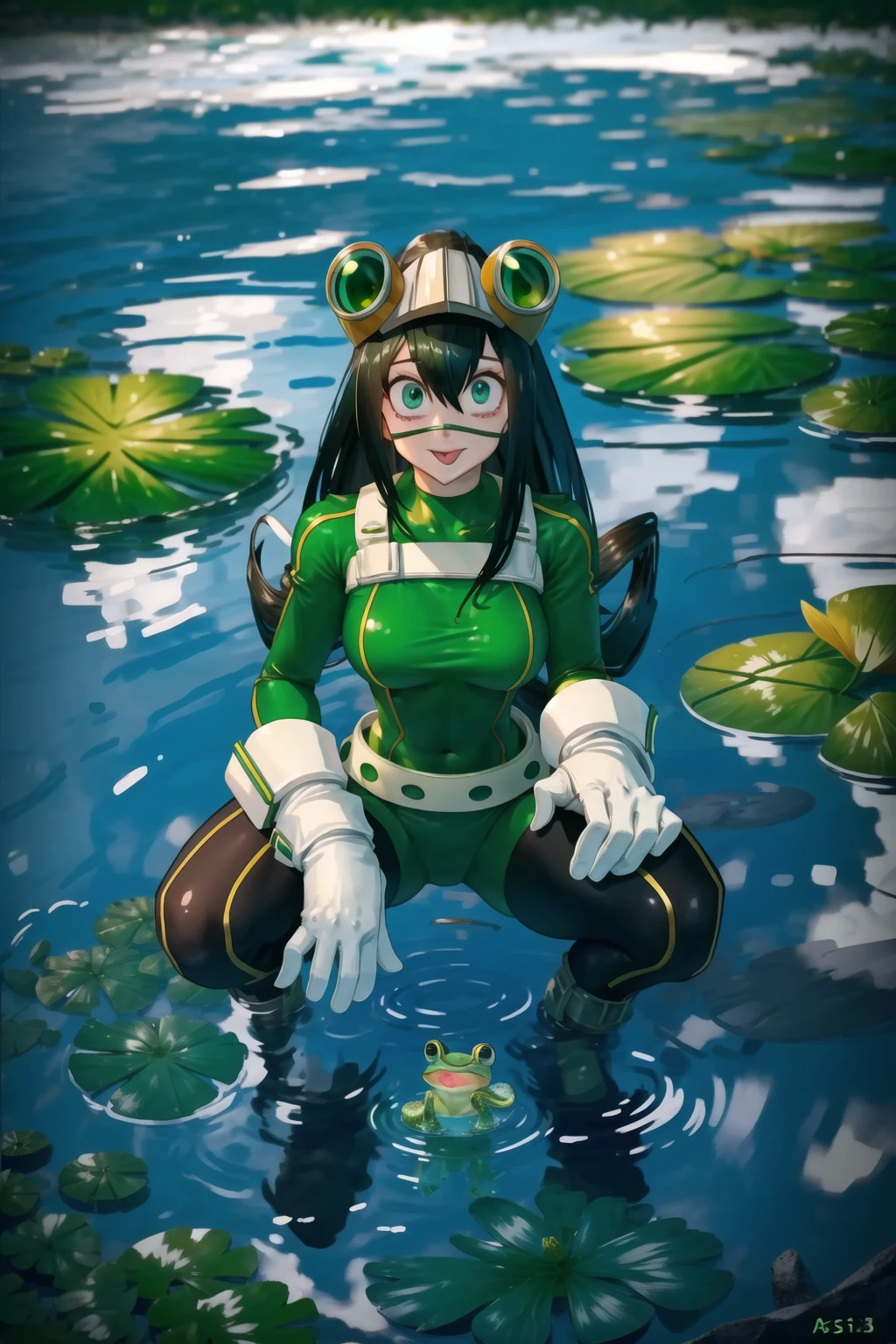 <lora:Tsuyu Asui:0.8>, asui tsuyu, green bodysuit, goggles, low-tied long hair, hair rings, white gloves, looking at viewer, medium breasts, belt, mature female, water,squatting, :p, tongue,  lily pad, frog