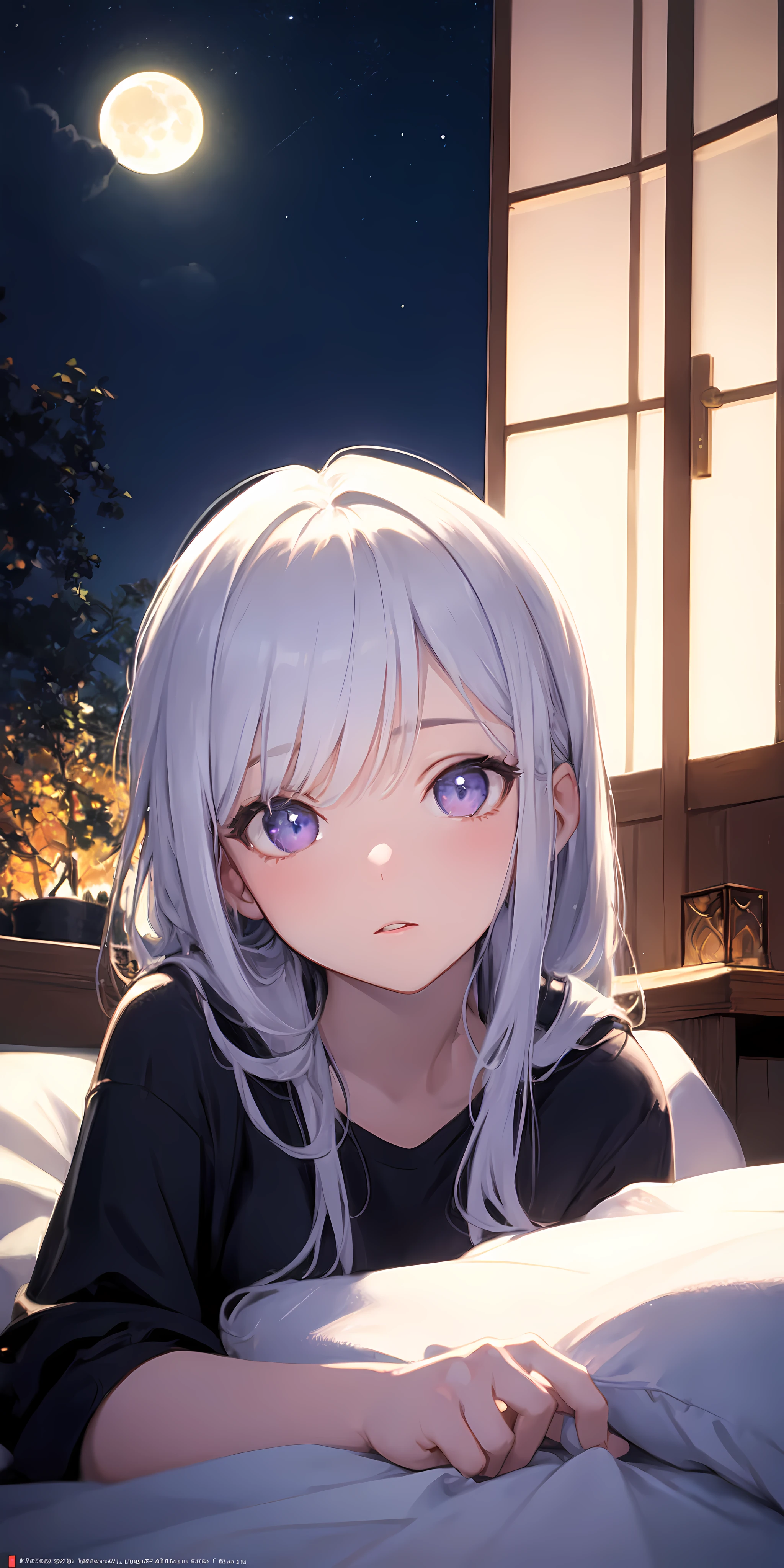 highres, highest quallity, illustration, cinematic light, ultra detailed, detailed face, (detailed eyes), best quality, hyper detailed, masterpiece, (detailed face),1girl, girl, white hair, purple eyes, highest details, luminous eyes, medium breats, sitting in bed, sitting, bed, window, night sky, lake outside, moon, full moon, backlighting, light rays, (high contrast), (colorful),