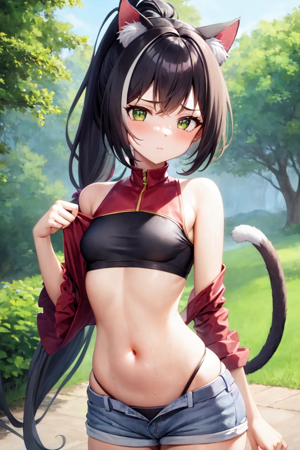 masterpiece, best quality, ultra-detailed, 1girl, karyl, animal ears, red shirt, denim shorts, crop top, outdoors, small breasts, ponytail, upper body, cat tail <lora:karylV1:0.8>