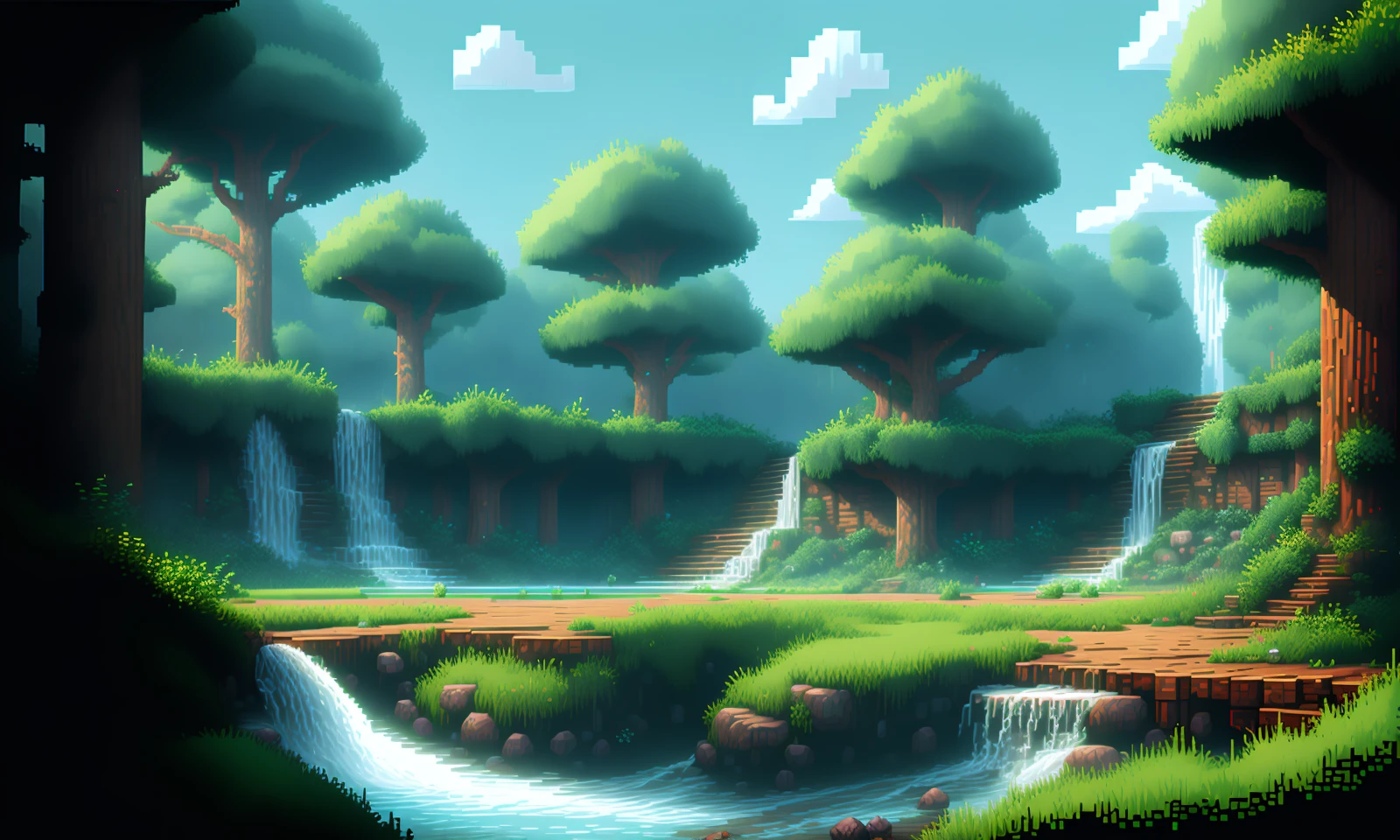 pixelart video game environment ,forest with waterfalls and trees everywhere,   <lora:pixhell:1>, pixelart style