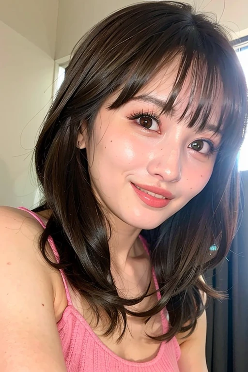 "1girl,photo of momo, brown hair,best quality,(detailed face:1.4), (looking at viewer:1.4), shiny skin, smile, sun lighting ,(half body:1) <lora:momotwice_v1.0-000003:0.850>