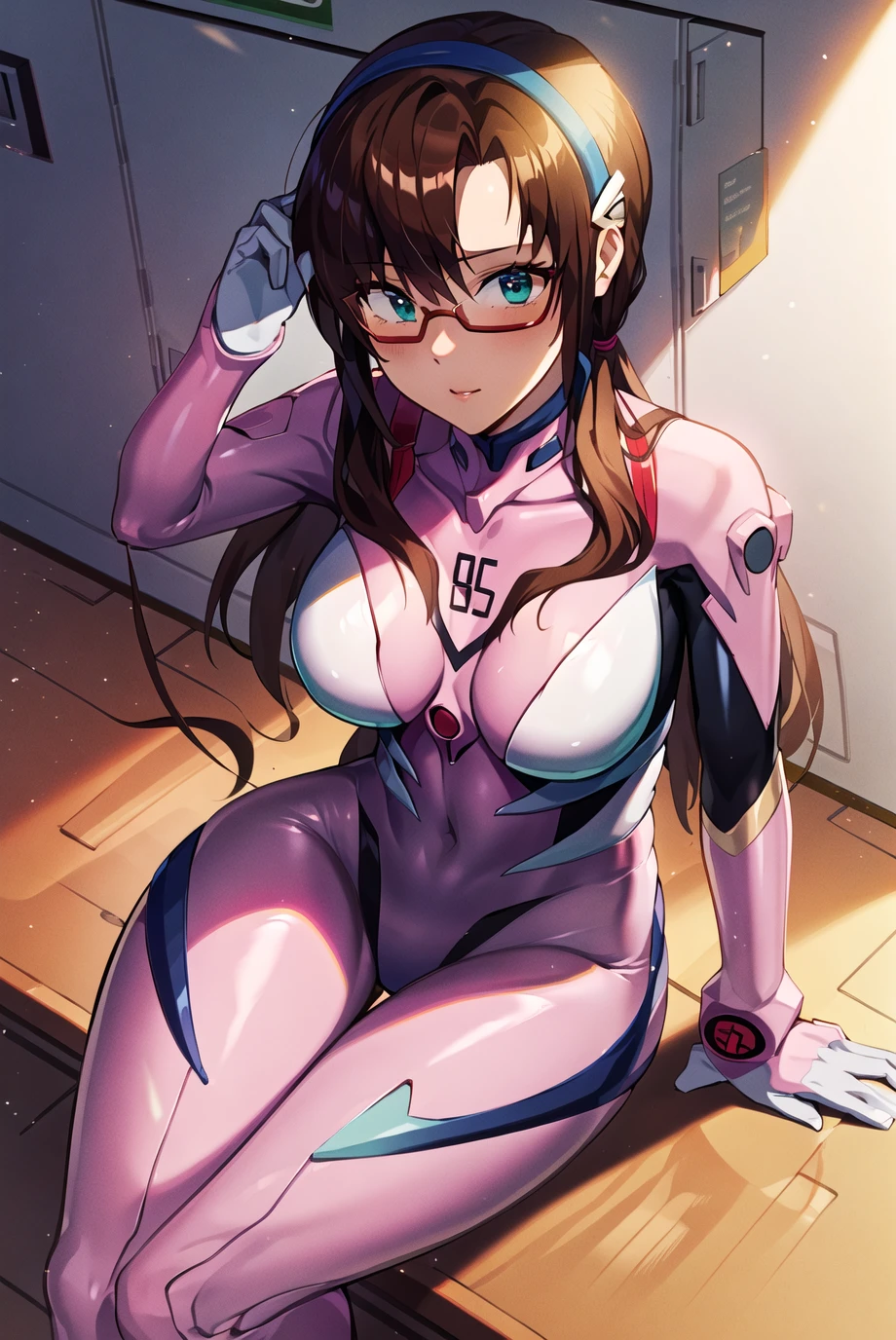 （Shiny）,（Highest quality）,（8k）,See-through crotch area,Transparent Mansuji,Shape of the crotch area,Nihil,pink rimmed glasses,Shiny股間部,Shiny太腿,smile,Shiny bodysuit,Shinyシースルーボディスーツ,Latex suit,Beige chest,Transparent see-through chest,beige sheer crotch，Pink accents,Dark beige bodysuit,Brown Hair,Pink accessories,An anime girl with large breasts sitting on a chair with her chest exposed, Biomechanical Boobs, BoobsCyberpunk, White color see-through Asuka suit!, Makinami,  High resolution consignment,