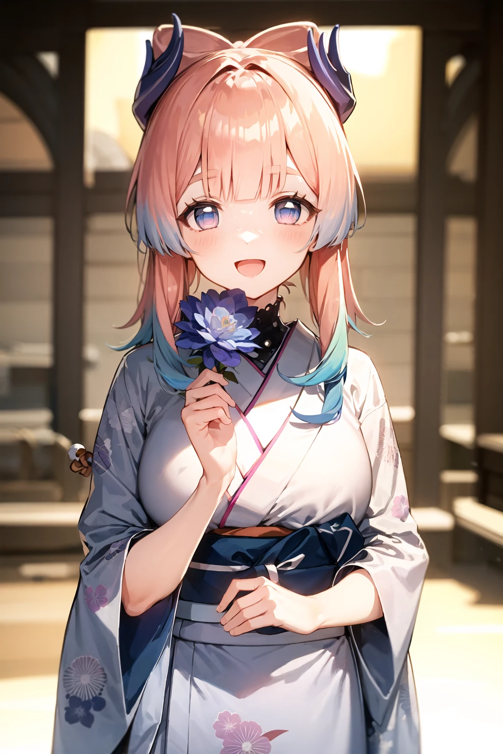 (Realistic painting style:0.9), masterpiece, best quality, absurdres, looking at viewer, solo,sangonomiya kokomi, no pupils, 1girl, japanese clothes, kimono, hair ornament, solo, pink hair, smile, looking at viewer, bow-shaped hair, flower, long hair, bangs, wide sleeves, multicolored hair, frilled sleeves, holding, hair flower, sash, open mouth, floral print, obi, long sleeves, blue eyes, blunt bangs, new year, upper body, gradient hair, alternate costume, purple eyes, :d, frills, blush, white kimono, blue hair, colored tips, print kimono, large breasts
<lora:kokomi_1024_Lion_dim64_KohyaLoRA_fp32_1e-1noise_token2_18-3-2023:1>