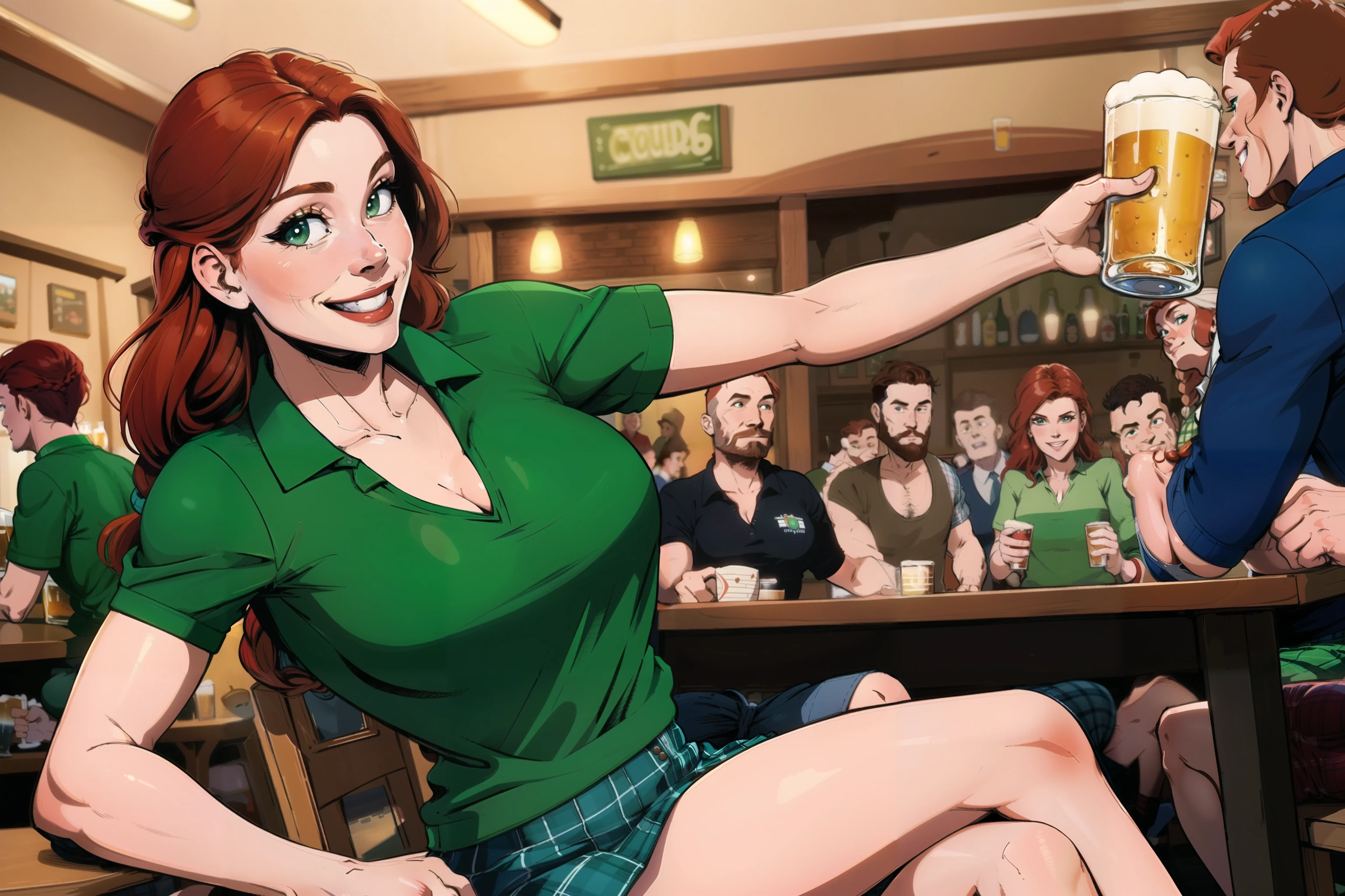 Comic style, inked, lineart style, low angle, close up image of a 30 years old irish woman, long red hair braid, sitting in a busy pub, legs crossed, wearing a tight polo shirt, wearing tartan skirt, holding a large mug of beer, big smile, light green eyes, high detail eyes, (cleavage), small breasts, pub scene in the background, lots of people in background, dynamic lighting, cinematic shadows, flat art, uhd, absurdres