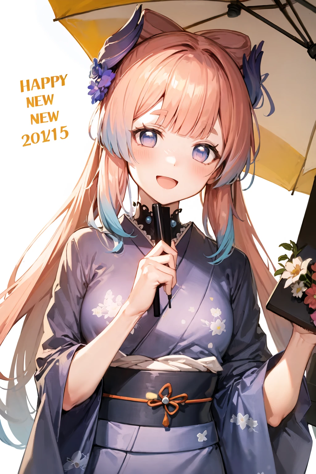 (Realistic painting style:0.9), masterpiece, best quality, absurdres, looking at viewer, solo,sangonomiya kokomi, no pupils, 1girl, japanese clothes, umbrella, kimono, hair ornament, solo, pink hair, smile, looking at viewer, bow-shaped hair, flower, long hair, bangs, wide sleeves, multicolored hair, frilled sleeves, holding, hair flower, sash, open mouth, floral print, obi, long sleeves, blue eyes, blunt bangs, new year, upper body, gradient hair, alternate costume, purple eyes, :d, frills, blush, white kimono, blue hair, colored tips, print kimono, medium breasts
<lora:kokomi_1024_Lion_dim64_KohyaLoRA_fp32_1e-1noise_token2_18-3-2023:1>