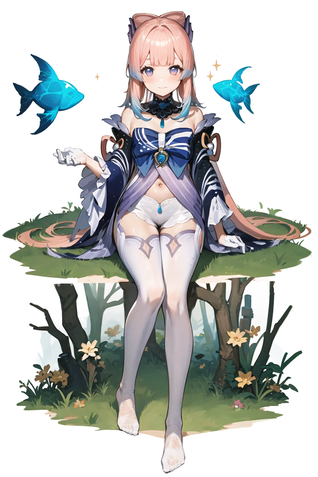 (Realistic painting style:0.9), masterpiece, best quality, absurdres, looking at viewer, solo, sangonomiya kokomi (sparkling coralbone), no pupils, sangonomiya kokomi, 1girl, solo, pink hair, bow-shaped hair, long hair, sitting, looking at viewer, gloves, bare shoulders, water, bangs, multicolored hair, no shoes, white gloves, smile, purple eyes, wide sleeves, bow, blue hair, socks, gradient hair, full body, frilled sleeves, fish, white background, thighs, legs, jellyfish, blunt bangs, frills, blush, closed mouth, blue eyes, long sleeves, detached sleeves, knees up, very long hair, feet, wet, vision (genshin impact), hair ornament, water drop, colored tips, white thighhighs , shorts
<lora:kokomi_1024_Lion_dim64_KohyaLoRA_fp32_1e-1noise_token2_18-3-2023:1>