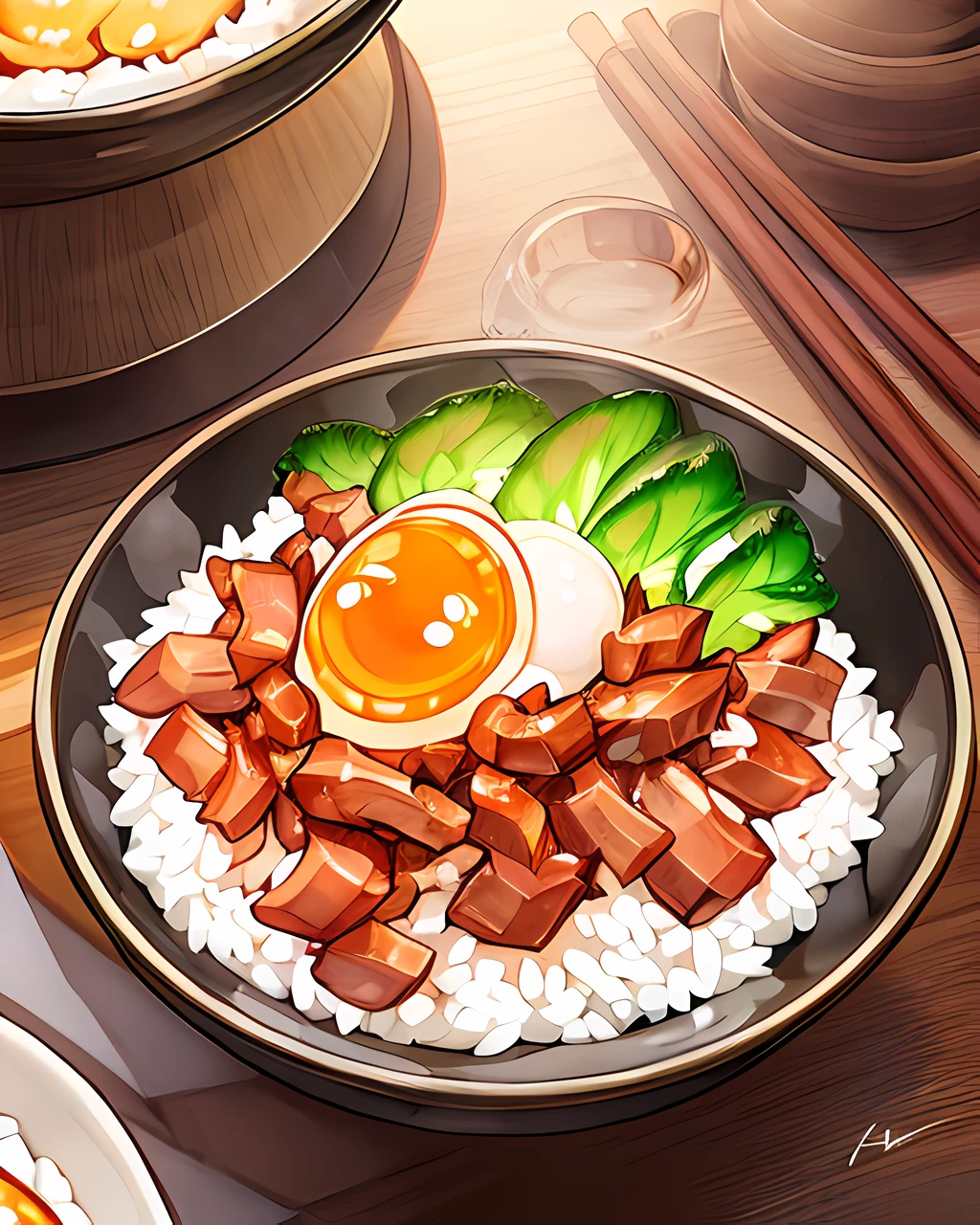 a bowl of braised pork rice, egg, vegetable, ((masterpiece)),illustration,high detail, soft lighting, delicious, colorful, aesthetically pleasing, studio lighting, trending <lora:CommonTaiwaneseFood_24:1>