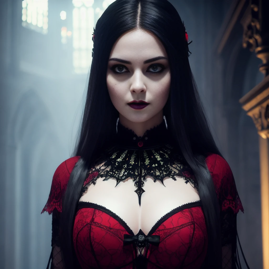 photorealistic, highres, masterpiece, intricate, 1girl (in a gothic castle), red bow around her neck and a black and red dress on, standing in a room, detailed background, pretty, narrow waist, wide hips, (perfect face:1.2), (perfect eyes:1.2), thick eyebrows, thick eyelashes, (green eyes), (beautiful detailed face), (detailed lips), black hair, long hair, gothic girl, smile, (outside), tight clothes,, intricate detailed clothing, cinematic lighting, shadow, detailed lighting, light particles, dynamic angle, pov, close up, from below, ismail inceoglu, blood, vampire