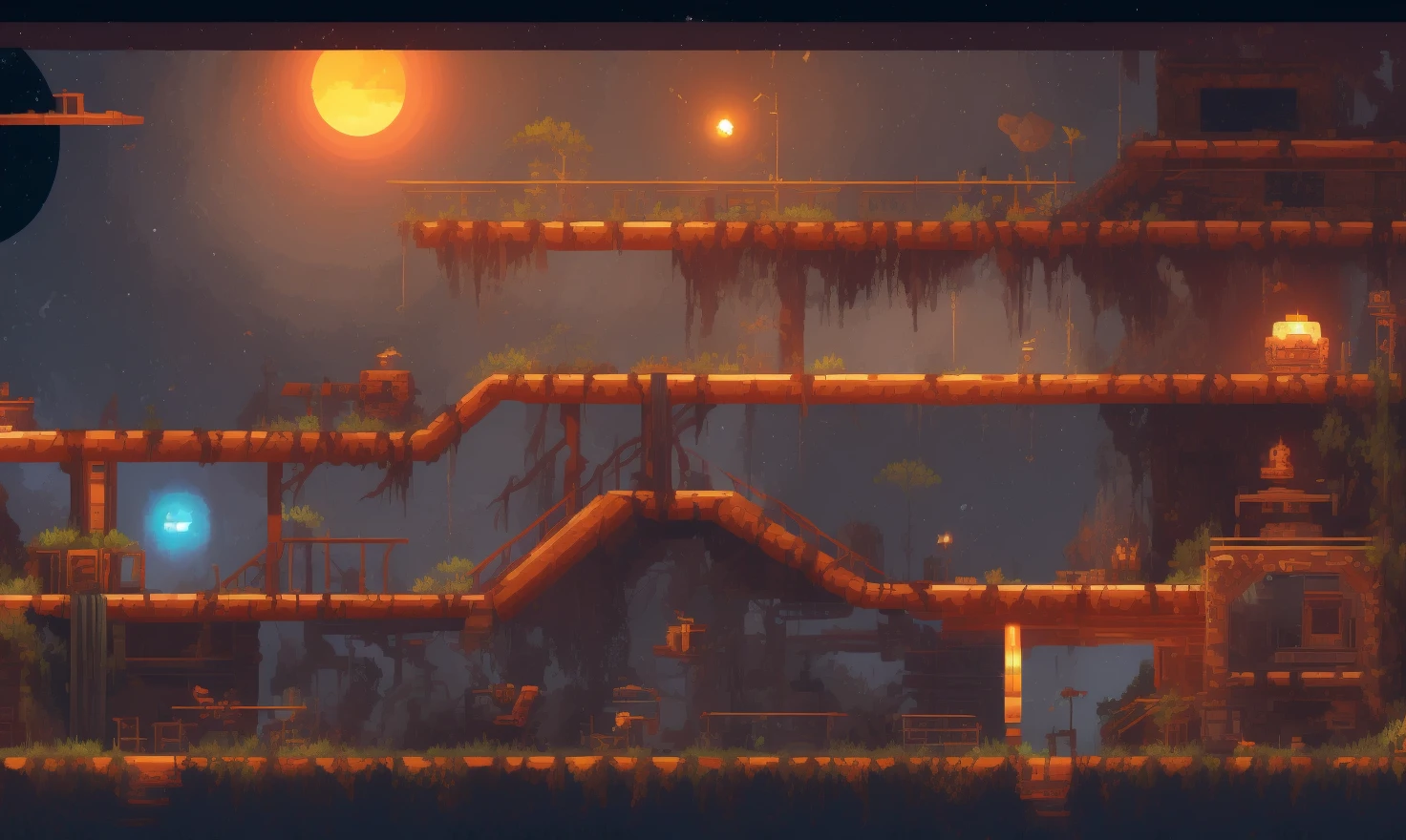 pixelart video game environment, Create an image of an abandoned space station, with broken systems, flickering lights, and a sense of danger. Show the wreckage, the abandoned rooms, and the unknown threats that linger.