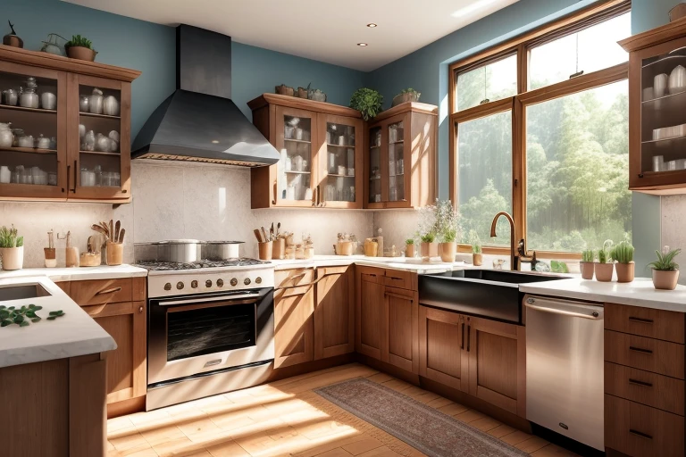 (Visionary Professional 3D rendering:1.3) of magicalinterior style, kitchen, kitchen decor, kitchen design, window, scenery, plant, table, bottle, sunlight, chair, house interior, indoors, cottage interior, treehouse interior, dark, gothic, Goth, luxury, fantasy, magic, Harry Potter, Slytherin, perfect composition, award-winning,,CGSociety,ArtStation