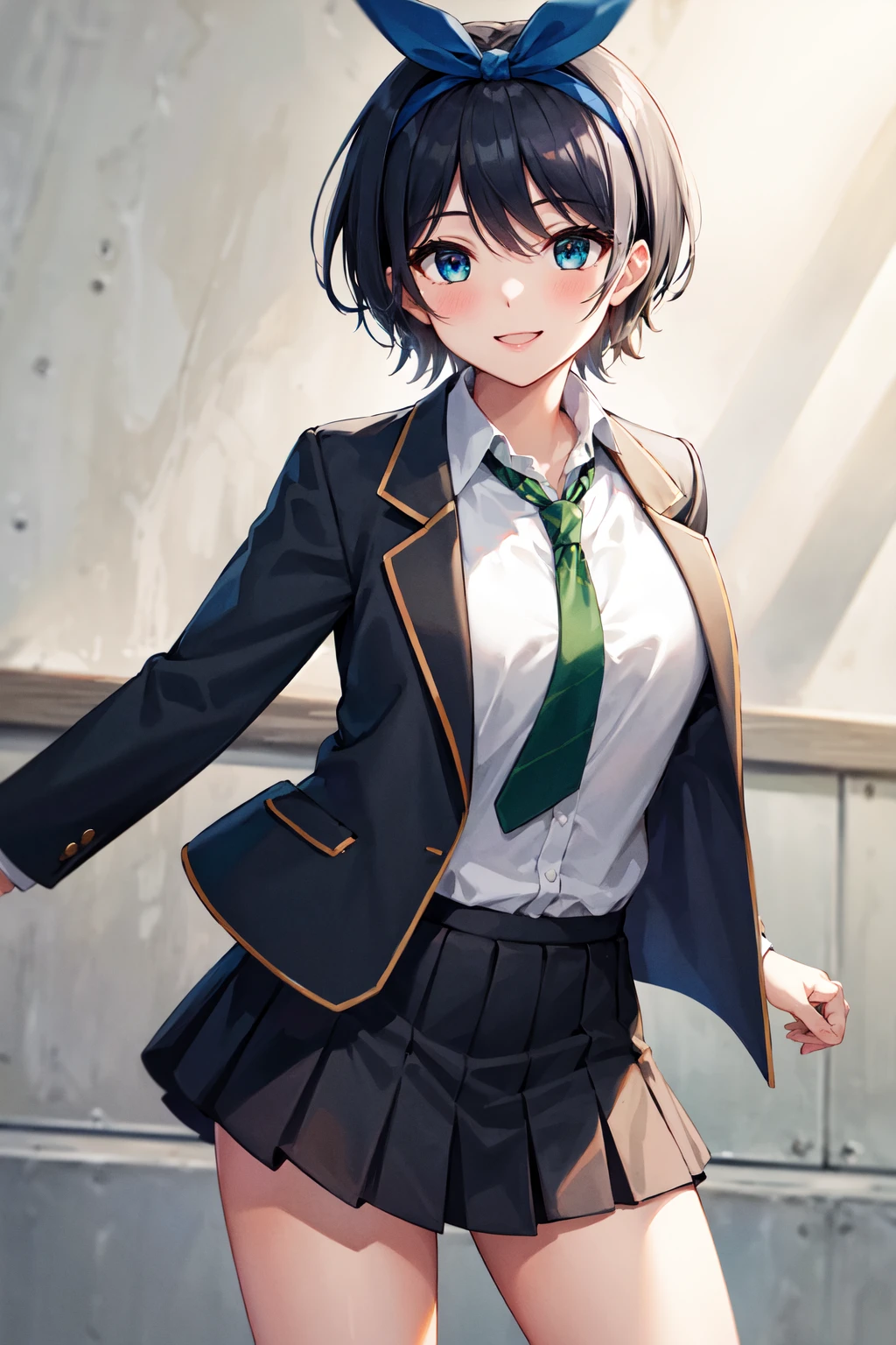 masterpiece, best quality, highres, 1girl, solo, skirt, jacket, shirt, blue eyes, white shirt, necktie, green necktie, black hair, pleated skirt, socks, diagonal-striped necktie, open jacket, open clothes, striped necktie, collared shirt, black jacket, black skirt, striped, blazer, short hair, long sleeves, bangs, school uniform, black socks, diagonal stripes, hairband, hair ribbon, ribbon, blue hairband, dress shirt, bow,  <lora:sarashina_ruka_v10:0.6>, cowboy shot, smile,